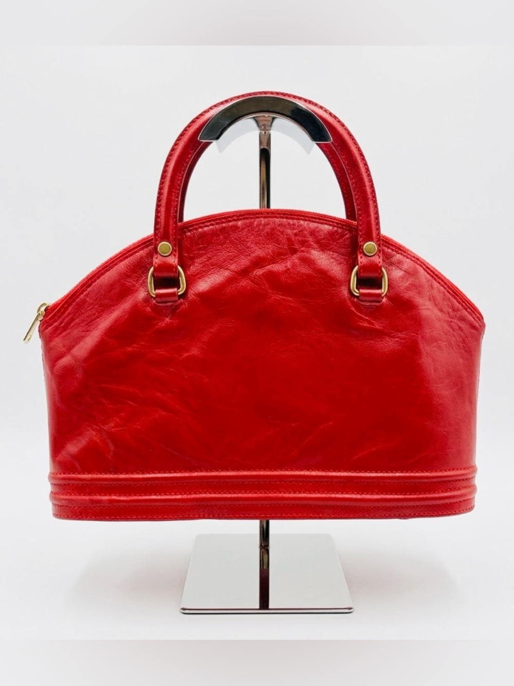 Brown’s Bravo Red Leather Dome Satchel Women Handbag Gold tone Hardware